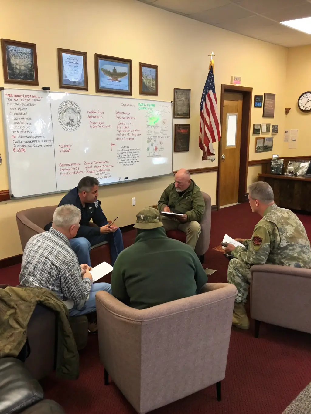 A group of veterans collaborating on a project, sharing their experiences and supporting each other, in a collaborative and respectful environment, highlighting Veteran Support Initiatives.