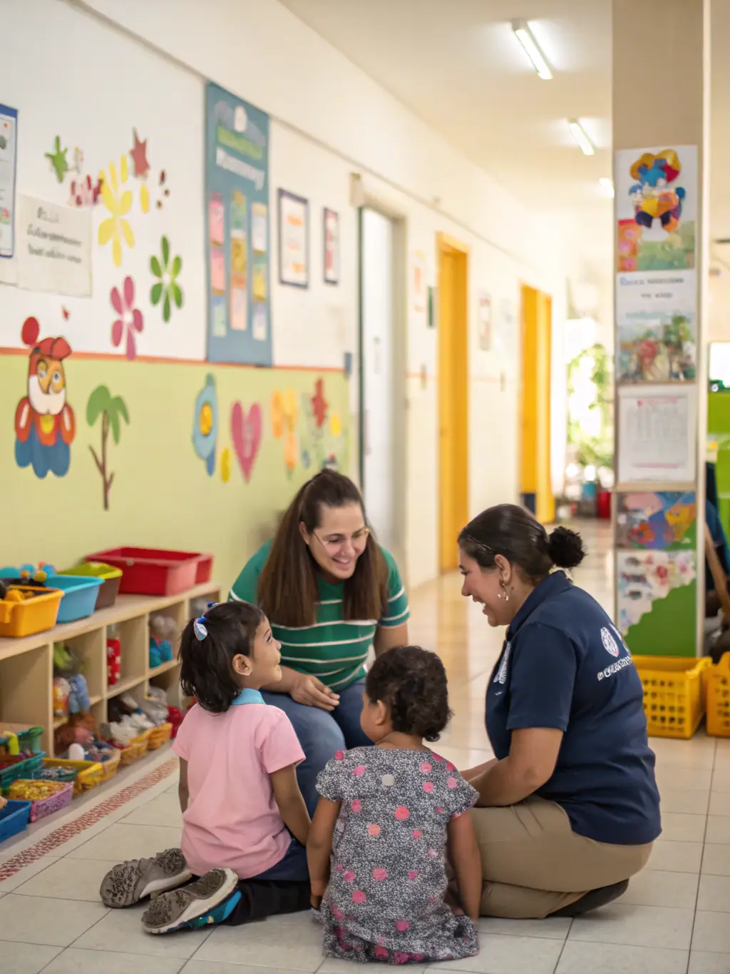 A social worker assisting a family with accessing resources and support services, such as housing assistance and childcare, in a community center.