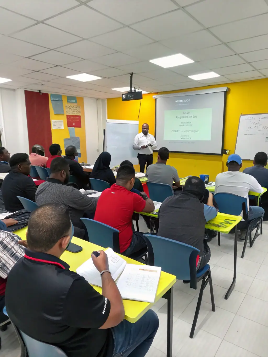 A diverse group of adults participating in a job training workshop, focused on learning new skills, in a bright and modern training facility, representing the Workforce Development Program.